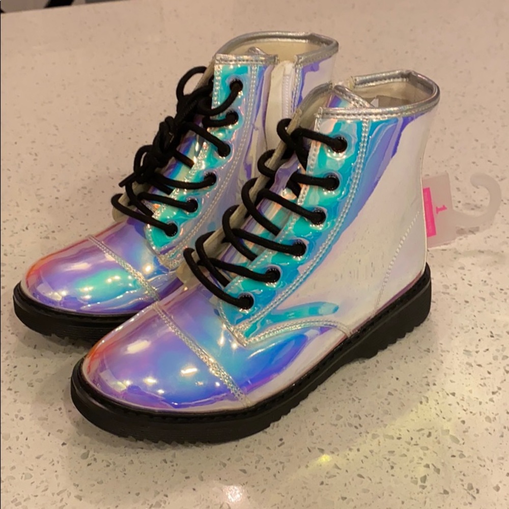 Girls Holographic Lace Up Boots